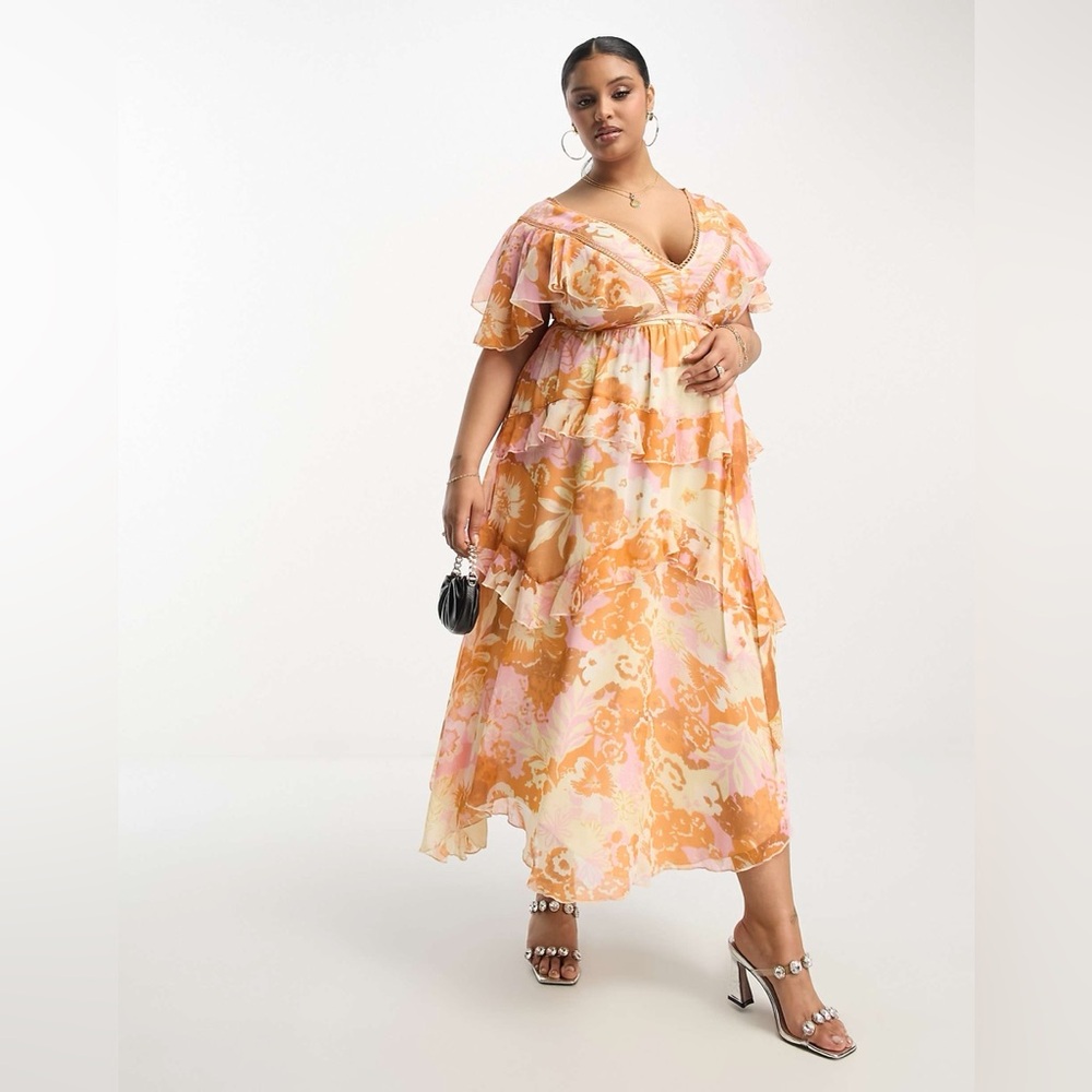 ASOS Curve Tiered Midi Dress Floral Ruffle Lace Trim Open Back US 18 NWOT